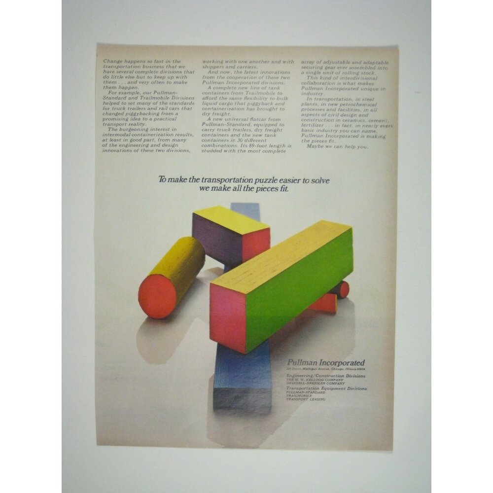 Pullman Incorporated Transportation Ad Print 1960s Vintage ADVERT Wood Blocks